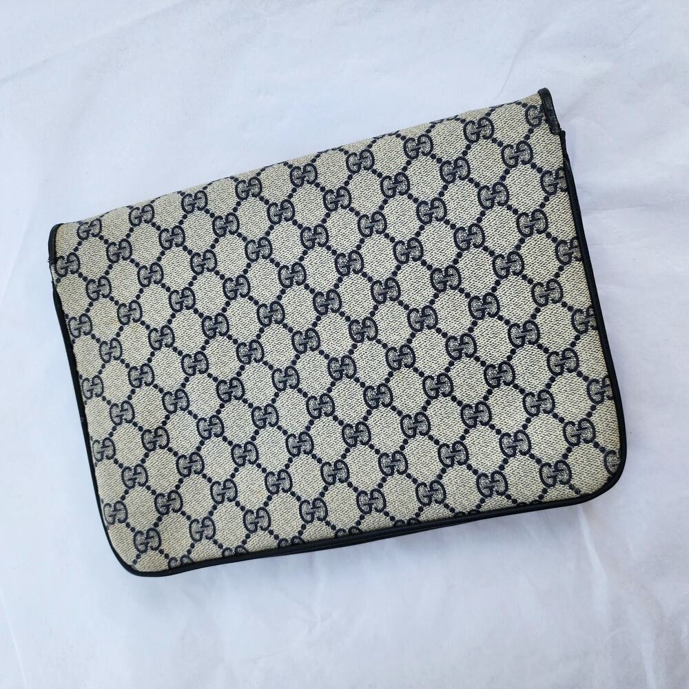 VINTAGE Gucci GG Web Coated Canvas Shoulder Bag Blue White Leather Trim Chain - Picture 5 of 14
